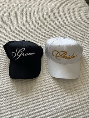 Bride and Groom Embroidered Baseball Caps Hats - White & Black